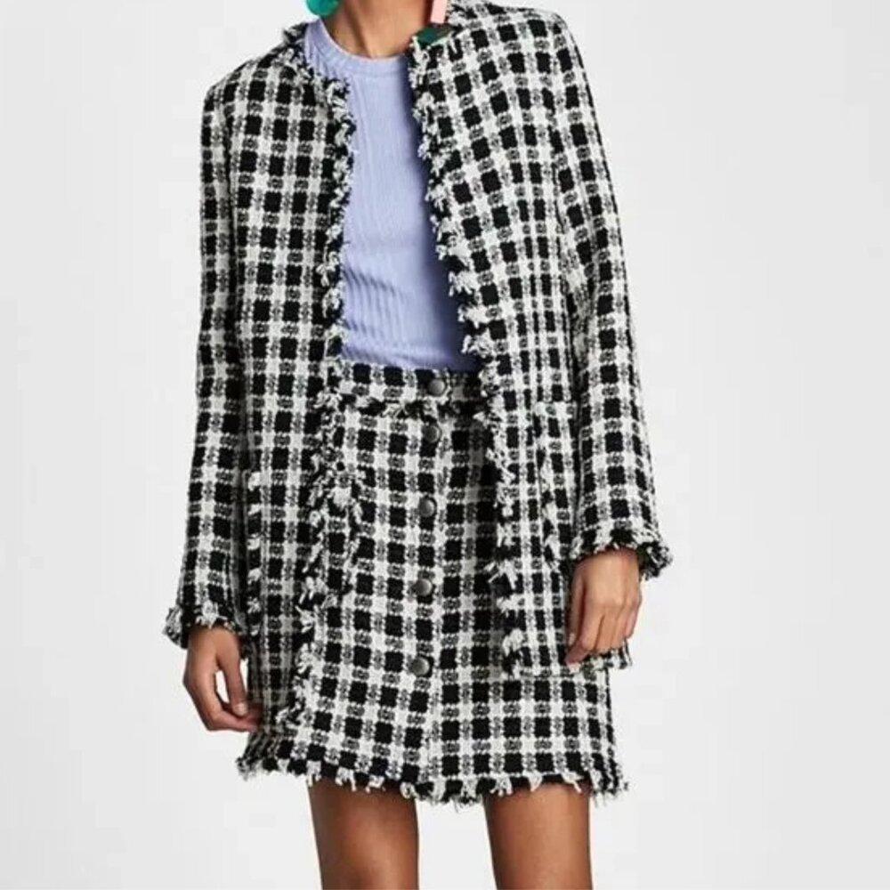 Zara Basic Black White Boucle Tweed Houndstooth Fringe Jacket Small Classic Chic